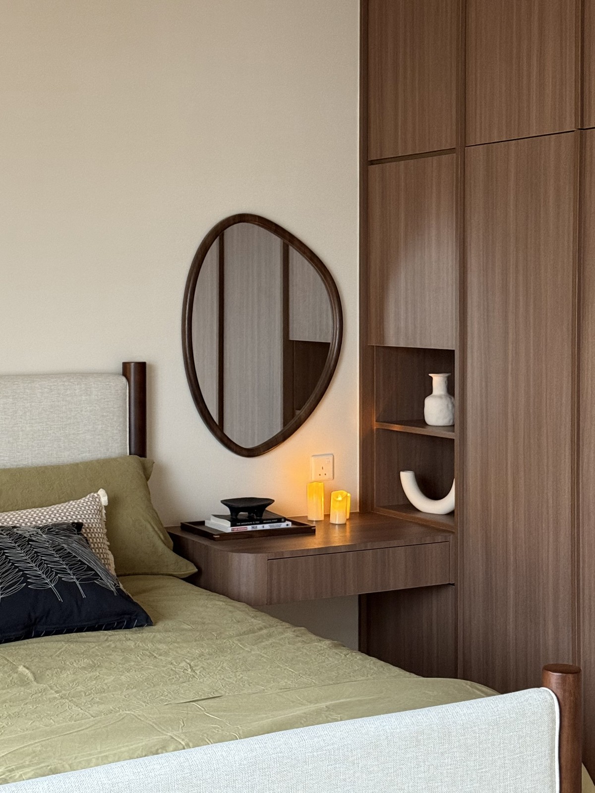 Warm Reverie — bedroom mirror and timber detail